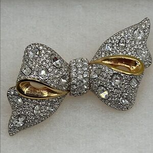 Swarovski Vintage Crystal Gold Plated Bow Brooch Signed Swan Logo Valentine Gift